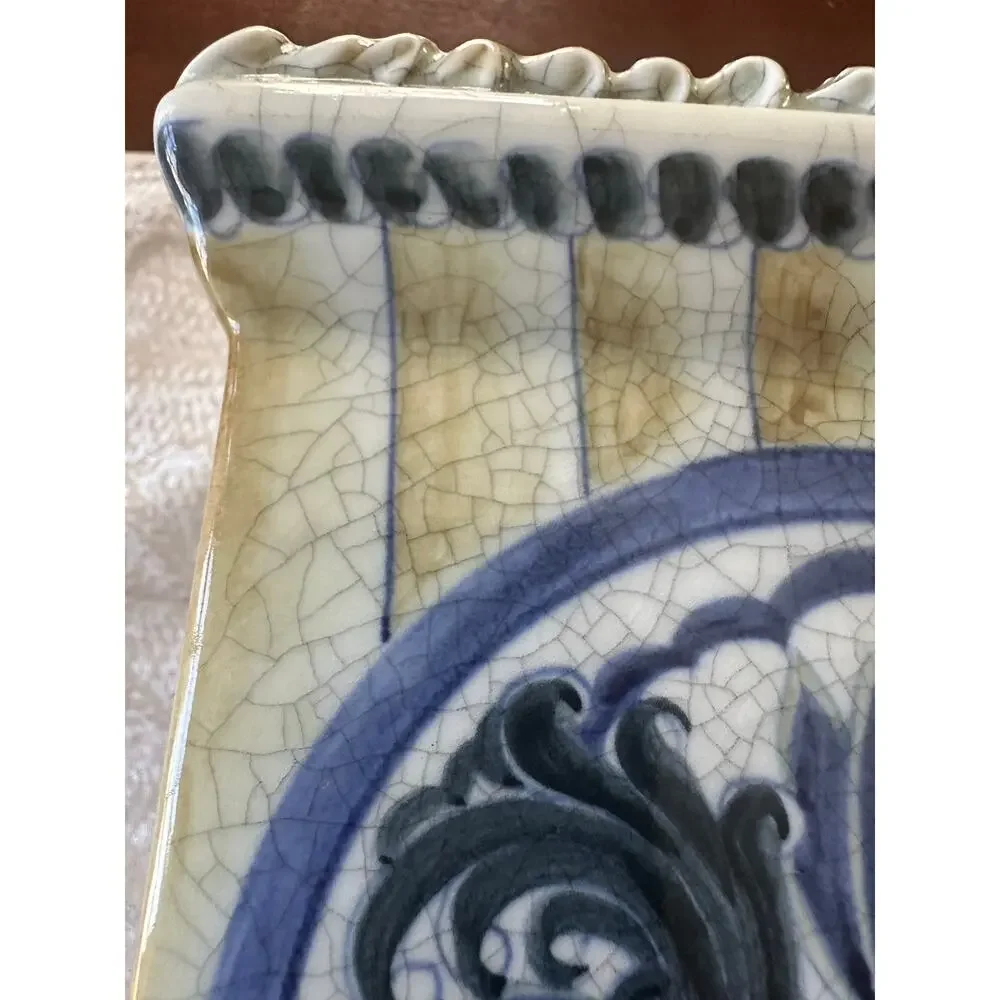 Maitland Smith Vintage Blue Porcelain Jar Chinoiserie Utencil holder square
